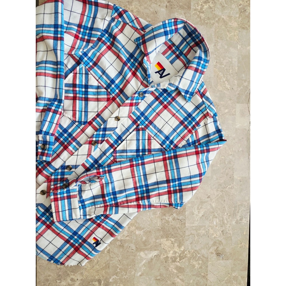 Aviator Nation Mens Plaid Flannel Shirt Red Blue White Frayed Hem Small USA - Picture 5 of 14